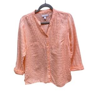 Peach Linen Blend Blouse Dobby Grid Pintuck Split V-Neck Airy Boho Top